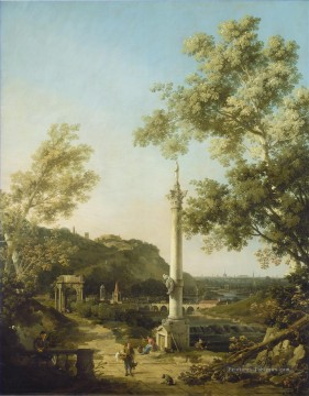  Canaletto Peintre - paysage de la rivière Capriccio avec une colonne Canaletto